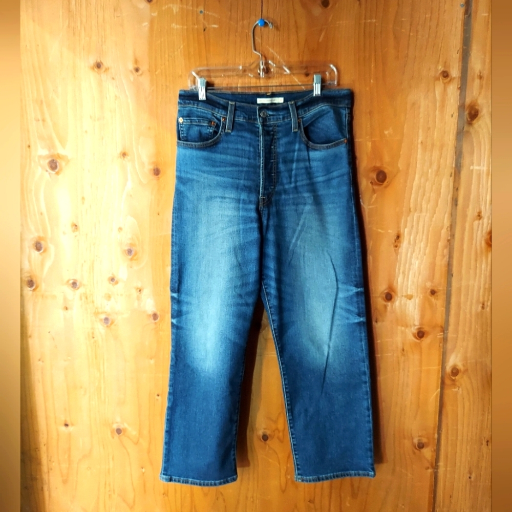 Levi's Blue Cotton Blend Ribcage Straight Ankle High Rise Button Fly Jeans